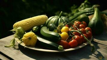 a plate of vegetables on a picnic table photo