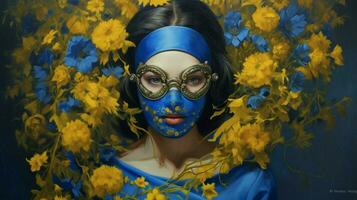 a portrait of a woman with a blue mask and yellow photo
