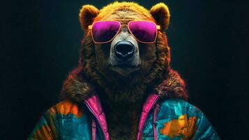 un póster para un oso con un neón chaqueta y Gafas de sol foto