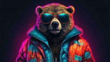un póster para un oso con un neón chaqueta y Gafas de sol foto