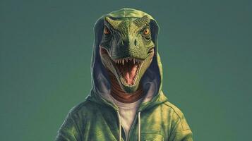 a poster for a dinosaur with a hoodie and a hoodie photo
