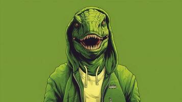 a poster for a dinosaur with a hoodie and a hoodie photo