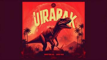 a poster for a dinosaur with a red background photo