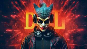un póster para un DJ con un máscara y el palabra DJ en foto