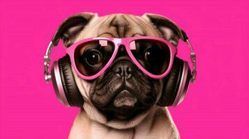 un póster para un perro DJ con un rosado venda foto