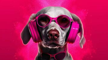 un póster para un perro DJ con un rosado venda foto