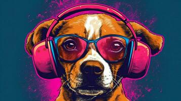 un póster para un perro DJ con un rosado venda foto