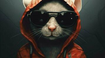 a poster for a rat with a hood and glasses photo