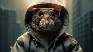 a poster for a rat with a hood and glasses photo