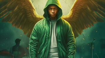 a poster for angels shows a man wearing a green photo