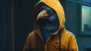 a poster of a bird wearing a jacket and a hoodie photo