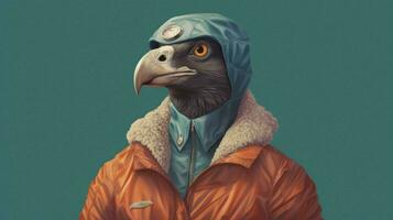 a poster of a bird wearing a jacket and a hoodie photo