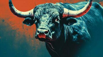 a poster of a bull with a blue background photo