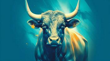 a poster of a bull with a blue background photo