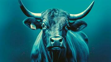 a poster of a bull with a blue background photo