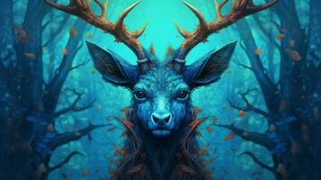 a poster of a deer with a blue head and horns photo