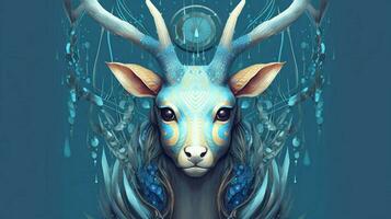 a poster of a deer with a blue head and horns photo