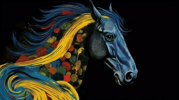 a poster of a horse with a yellow head and a black photo