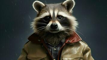 a poster of a raccoon wearing a jacket photo