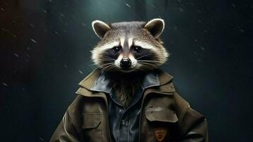a poster of a raccoon wearing a jacket photo