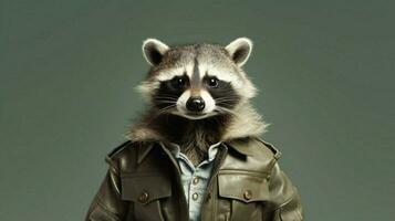 a poster of a raccoon wearing a jacket photo