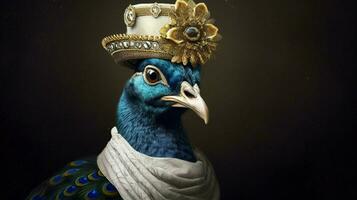 a poster of a peacock wearing a hat and a scarf photo