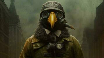 a poster with a bird wearing a gas mask photo