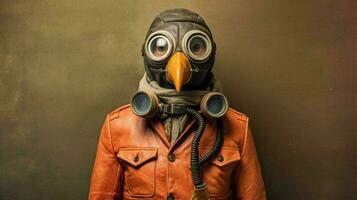 a poster with a bird wearing a gas mask photo