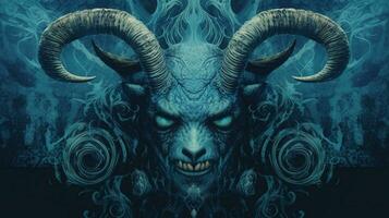 a poster with a blue demon with horns and a horn photo