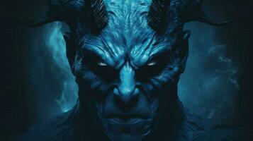 a poster with a blue demon with horns and a horn photo