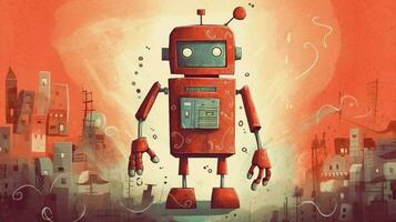 un póster con un rojo robot con el palabra robot en foto