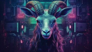 a purple and blue poster of a goat with horns photo