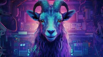 a purple and blue poster of a goat with horns photo