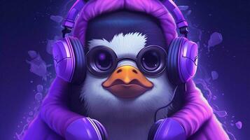 a purple penguin with headphones and a hoodie photo