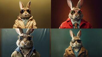 a rabbit in a jacket and glasses with the word photo