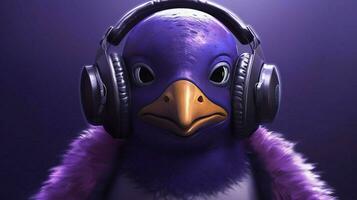 a purple penguin with headphones and a hoodie photo