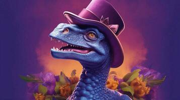 a purple poster with a cartoon dinosaur wearing photo