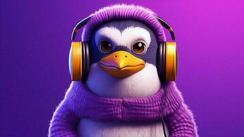 a purple penguin with headphones and a hoodie photo