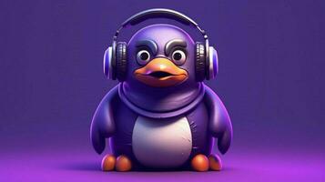 a purple penguin with headphones and a hoodie photo