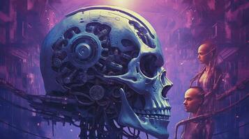 un púrpura póster con un robot con un grande cráneo un foto