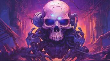 a purple poster with a robot with a large skull a photo