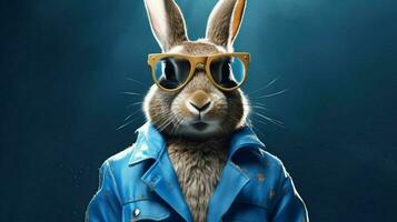 a rabbit in a jacket and glasses with the word photo