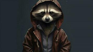 a raccoon in a jacket with a hoodie and a hoodie photo