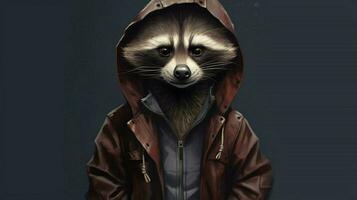 a raccoon in a jacket with a hoodie and a hoodie photo