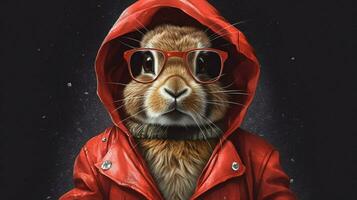 a rabbit in a jacket with glasses and a hoodie photo