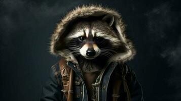 a raccoon in a jacket with a hoodie and a hoodie photo