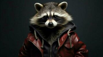 a raccoon in a jacket with a hoodie and a hoodie photo