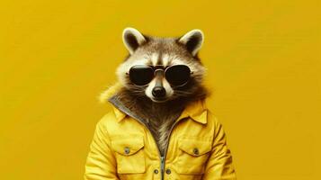 un mapache vistiendo un amarillo chaqueta y Gafas de sol foto