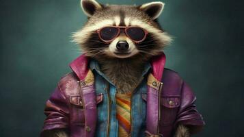 a raccoon with a colorful jacket and glasses photo