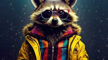 a raccoon with a colorful jacket and glasses photo